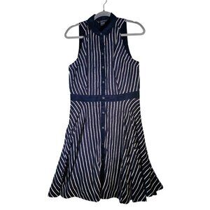 Armani Exchange Blue Striped Sleeveless Collared Button-Down Flare Dress